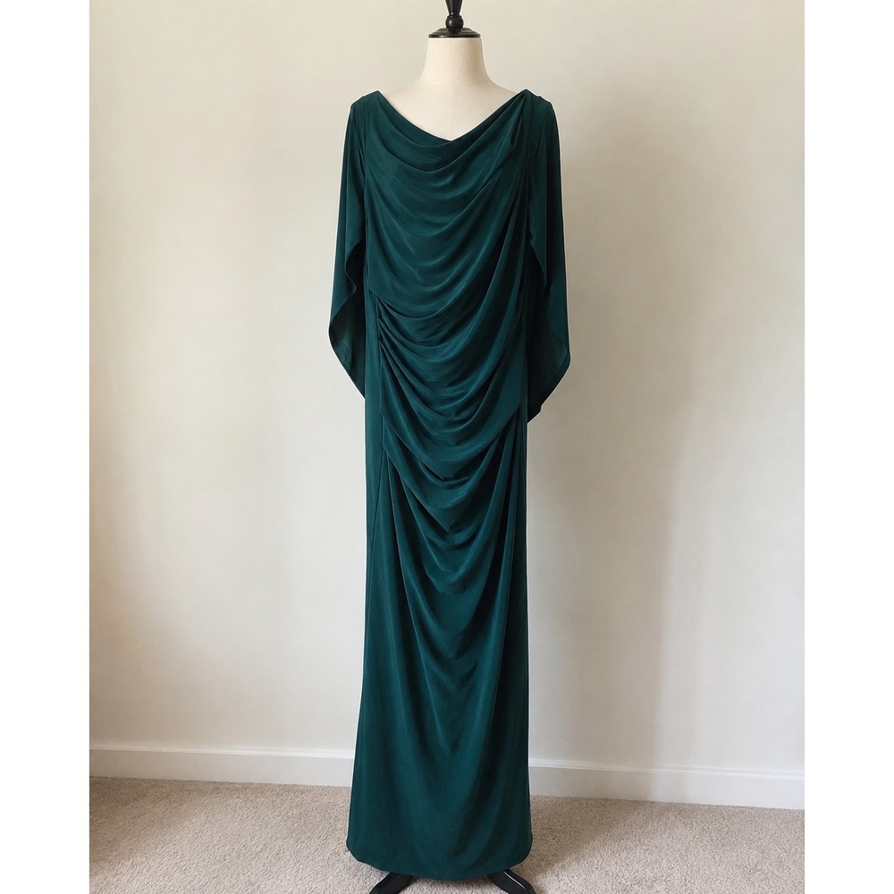 Betsy & Adam Hunter Green Draped Cape Back Ruched Formal Evening Gown Dress 14
